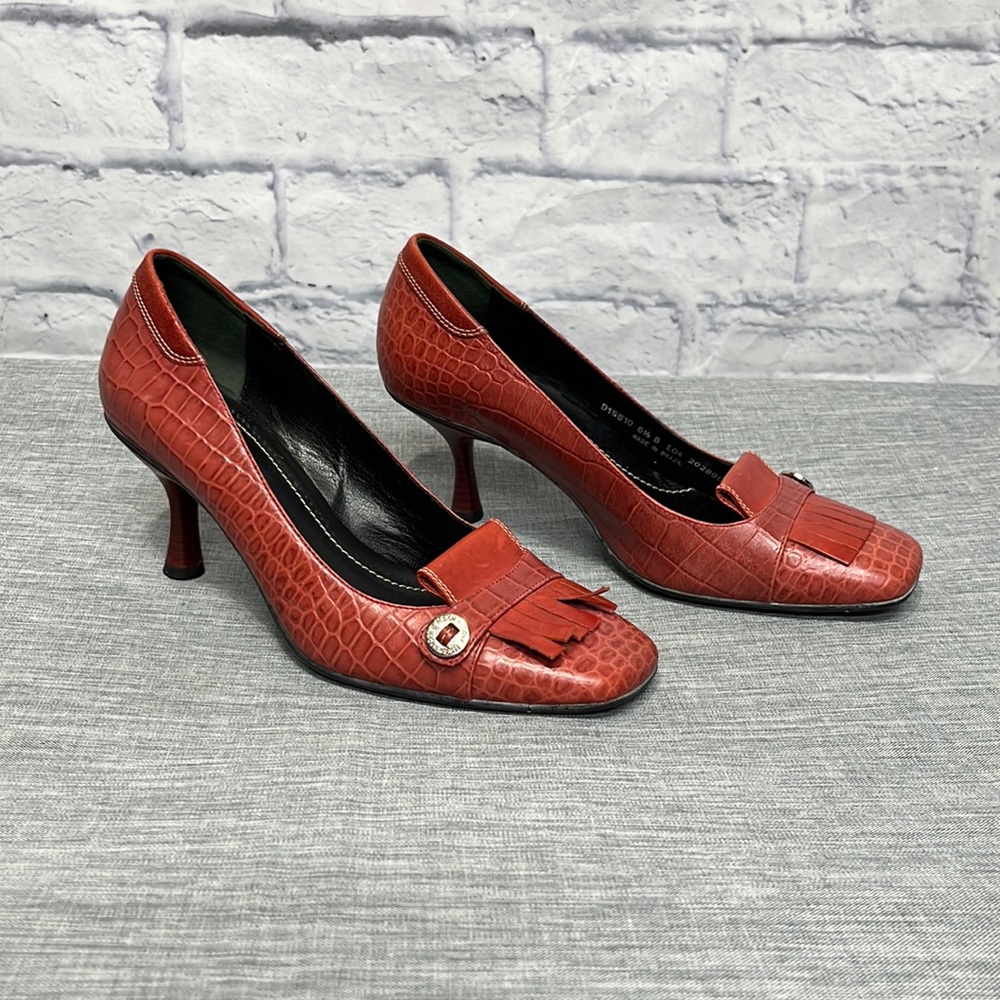 Cole Haan Womens Audrey Red Faux Croc Print Slip On Square Toe Heels